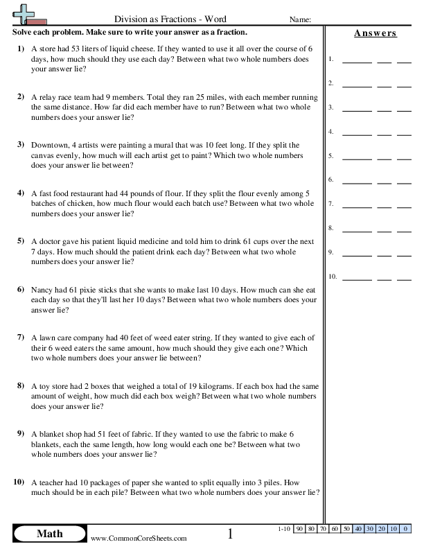 Fraction Worksheets - Division as Fraction - Word worksheet